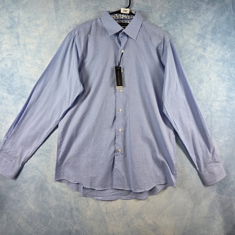 Report Collection Men Performance Dress Shirt Blue Micro Check Slim Fit 16 34-35